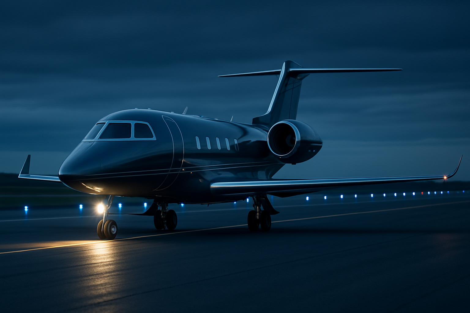 sleek private jet taxiing on a runway at dusk with runway lights reflecting on the fuselage