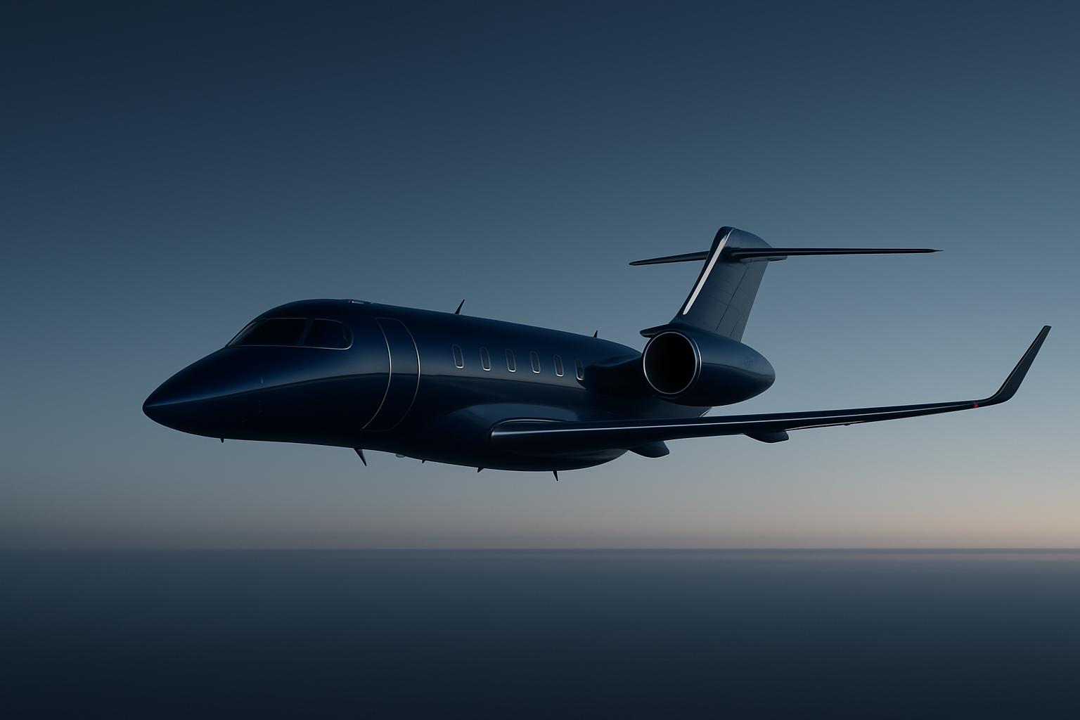 Midnight blue private jet with swept wings cruising above a steel-toned horizon