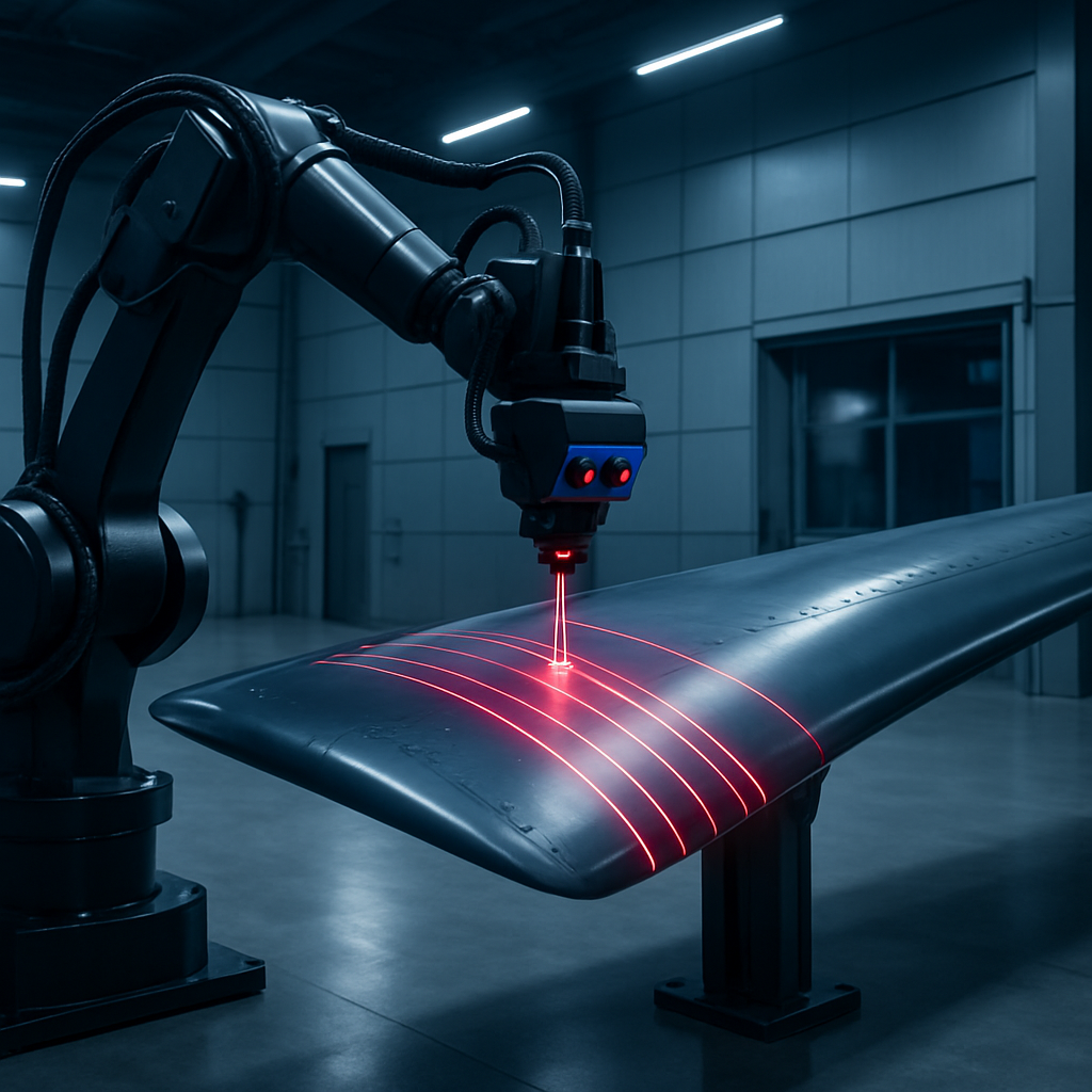 Robotic inspection system scanning a composite aircraft wing in a high-tech aerospace production bay