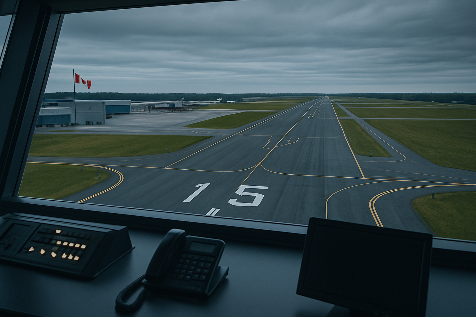 control tower view over a Canadian regional runway with aircraft markings and overcast sky