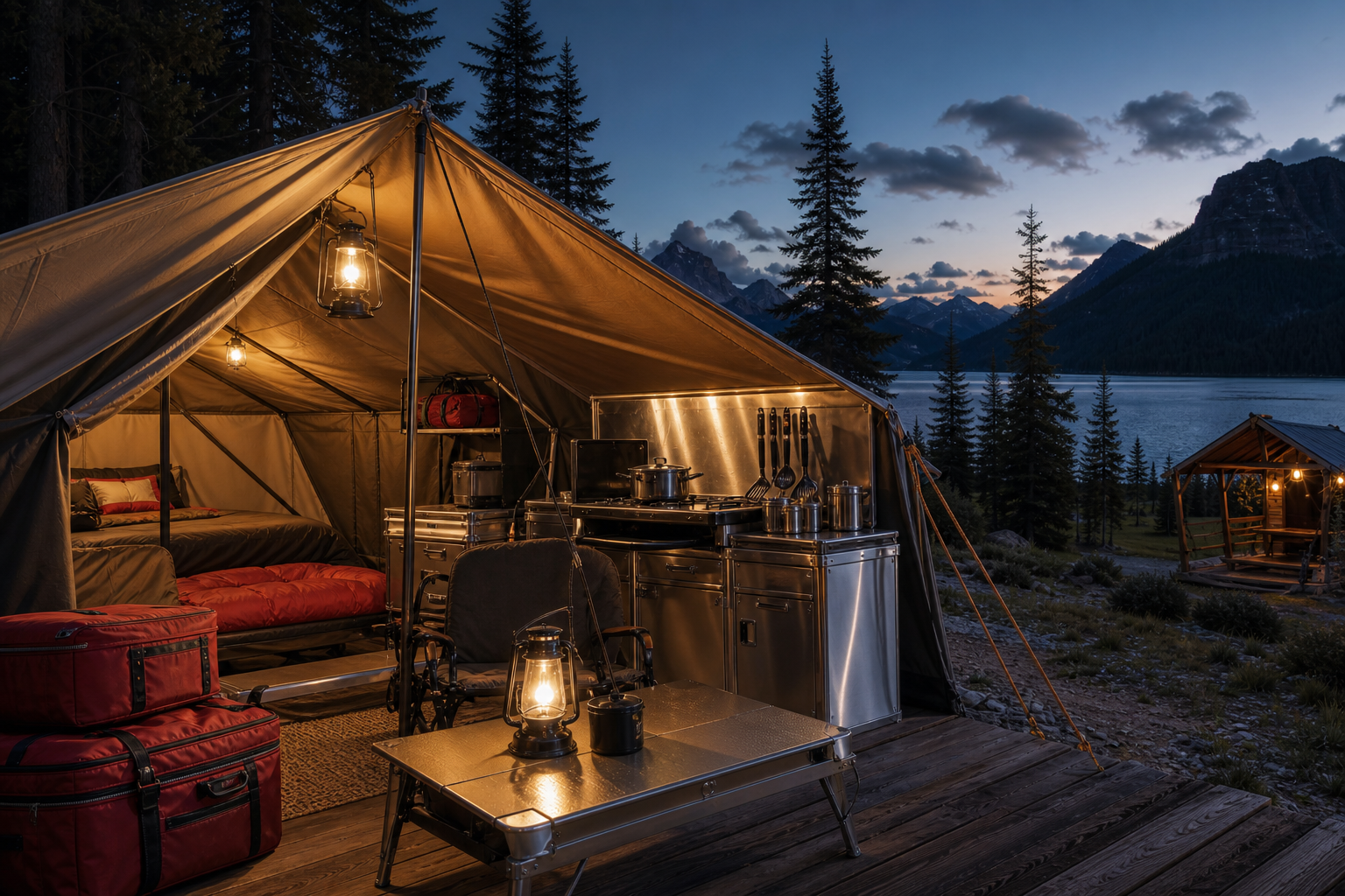 Photorealistic nighttime camp living scene by a mountain lake with conifers, warm lantern lighting, canvas shelter seating, aluminum cooking setup, coordinated sleeping gear, and Red Canoe luggage beside a remote camp structure