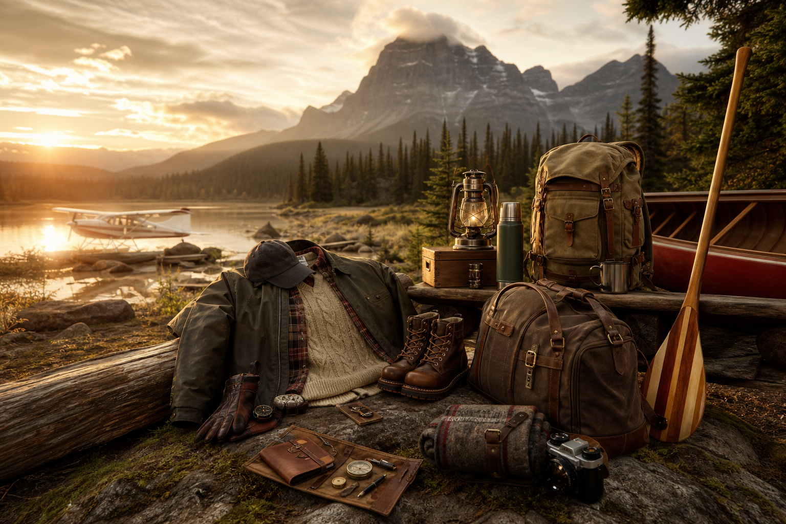 Photorealistic warm heritage expedition editorial scene at golden hour in the Canadian outdoors, featuring premium Red Canoe collectible apparel, canvas luggage, outdoor gear, camp essentials, water-ready accessories, aviation-inspired equipment, and refined field accessories arranged as an exclusive flagship shop tableau