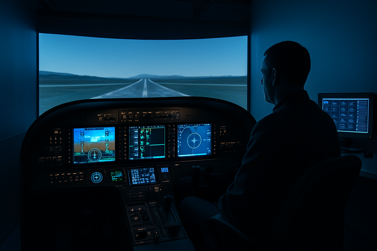 high fidelity flight simulator cockpit with illuminated avionics and training instructor