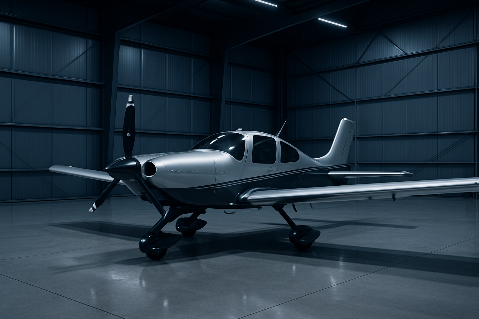 single engine light airplane parked in a modern hangar with cool steel lighting