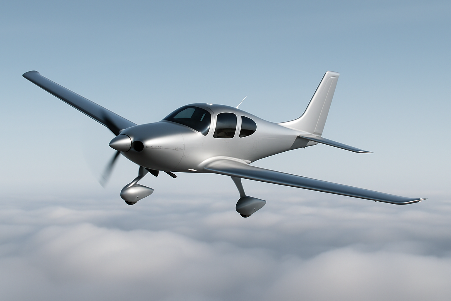Sleek silver single-engine light airplane banking above a soft cloud layer