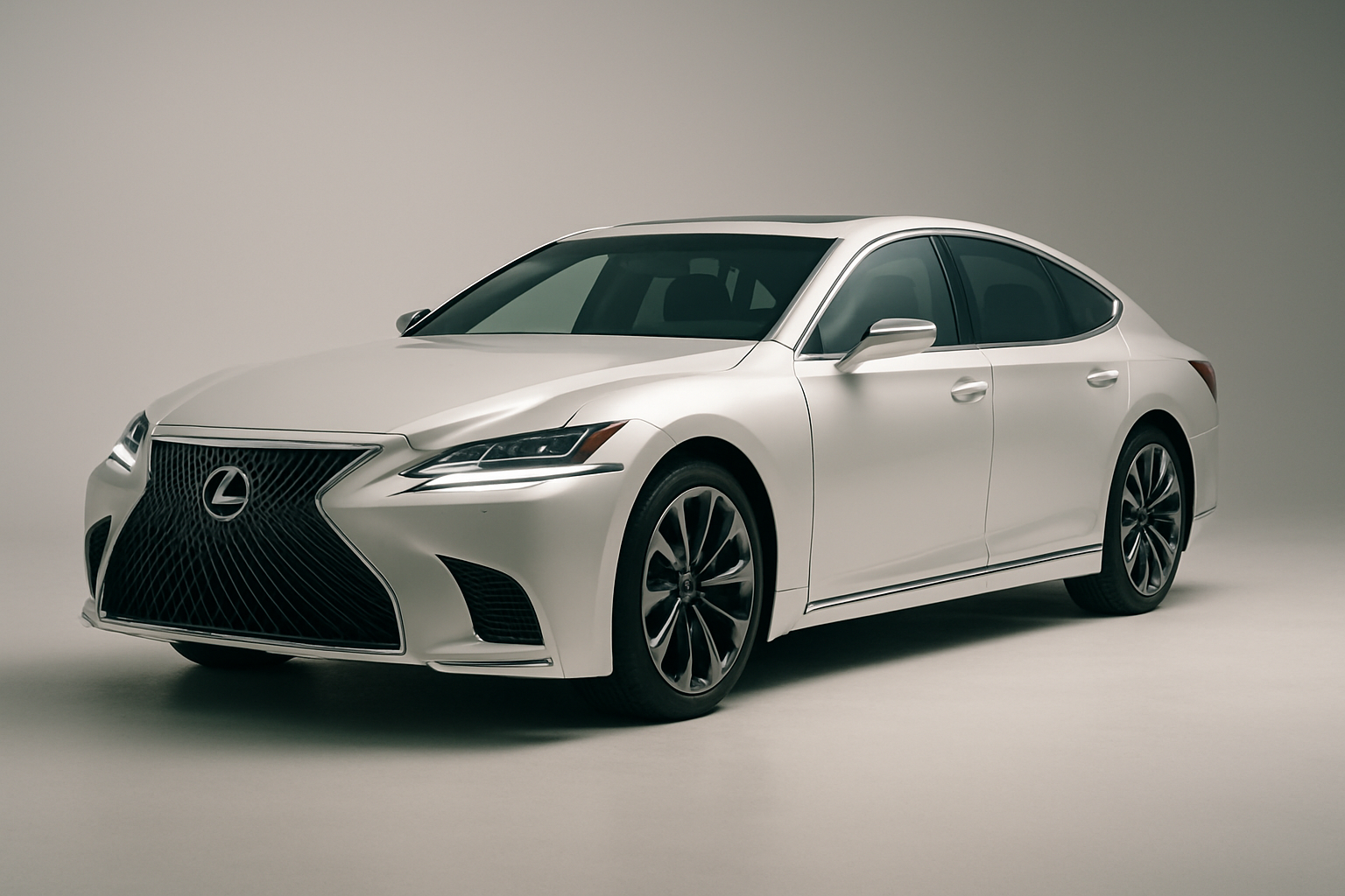 Pearl white Lexus flagship sedan with chrome accents and a glassy, refined silhouette in a soft studio setting