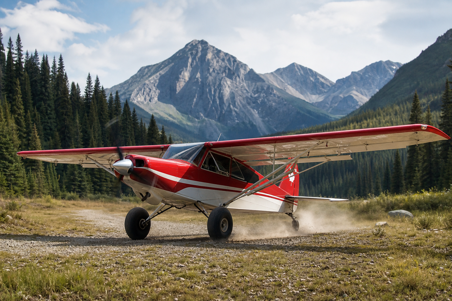 Photorealistic red-and-white STOL aircraft on a short gravel strip during a mountain approach in the Canadian backcountry