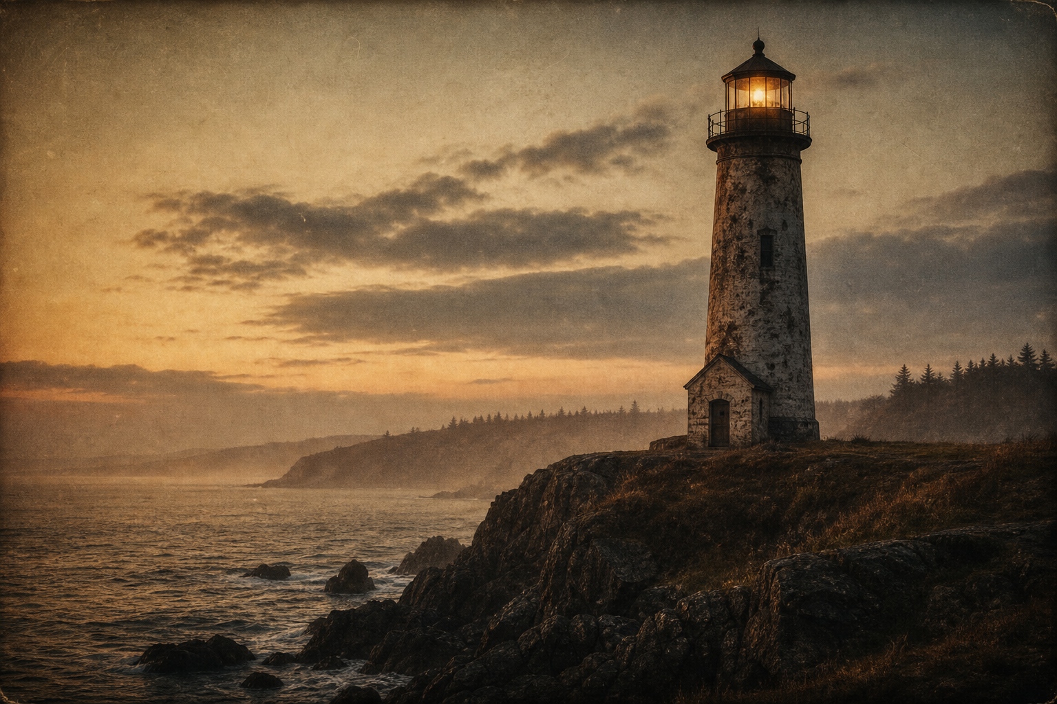 Warm archival-style coastal lighthouse at dusk with weathered stone tower, soft sea haze, muted golden sky, and subtle film-grain mood