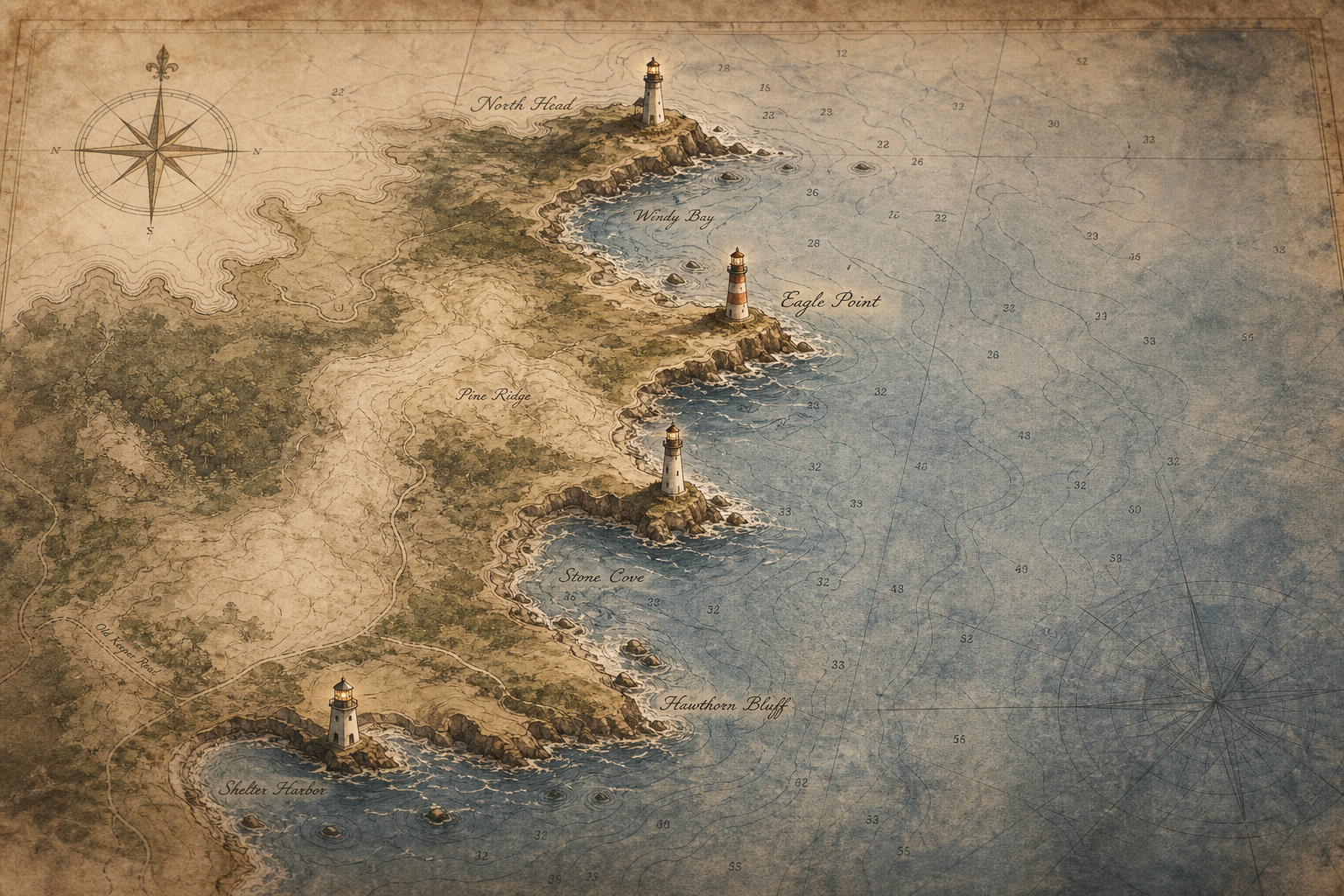 Illustrated northern coastline map with lighthouse markers, contour lines, and nautical chart details