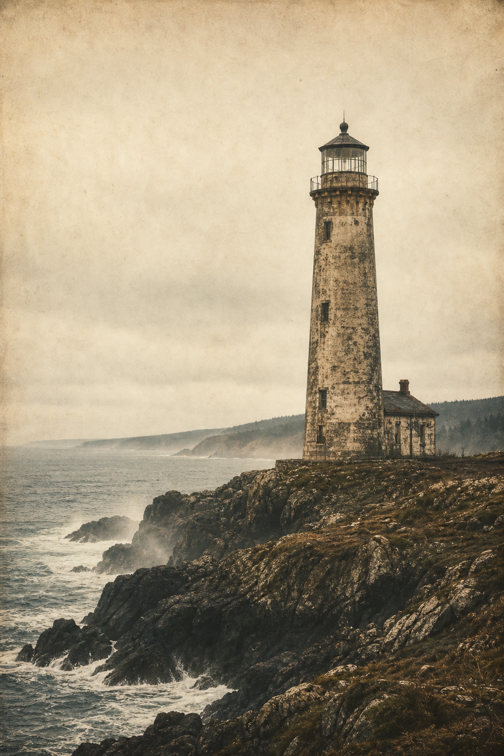 Archival-style photograph of a weathered lighthouse on a rocky northern shoreline in warm faded tones