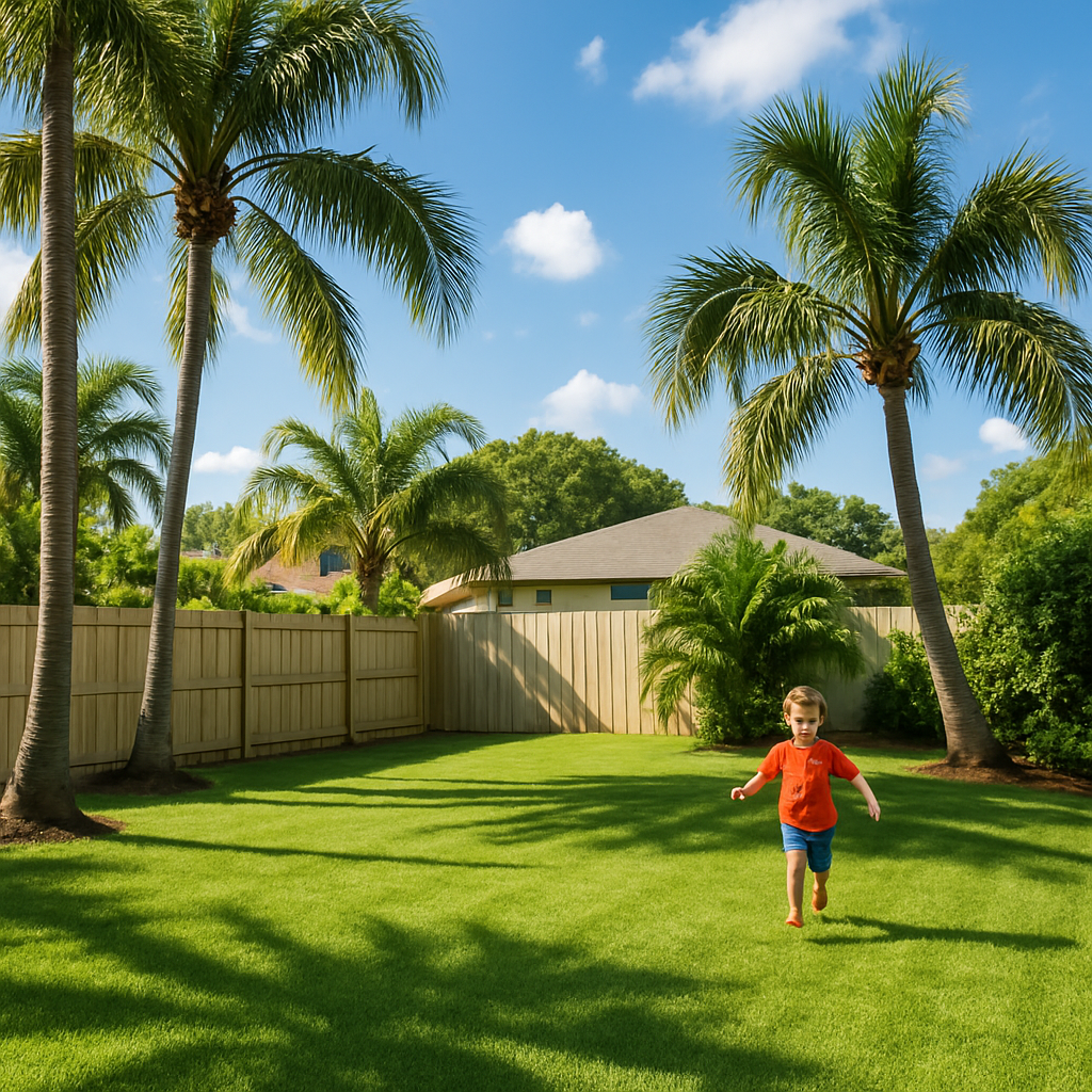 A young child playing in a Sarasota backyard with lush green grass and palm trees, bright sunny Florida day, happy and active, no branding or signage, safe and welcoming environment. The child is positioned further back, near the fence in the background, so the focus is on the yard and landscaping rather than the child.