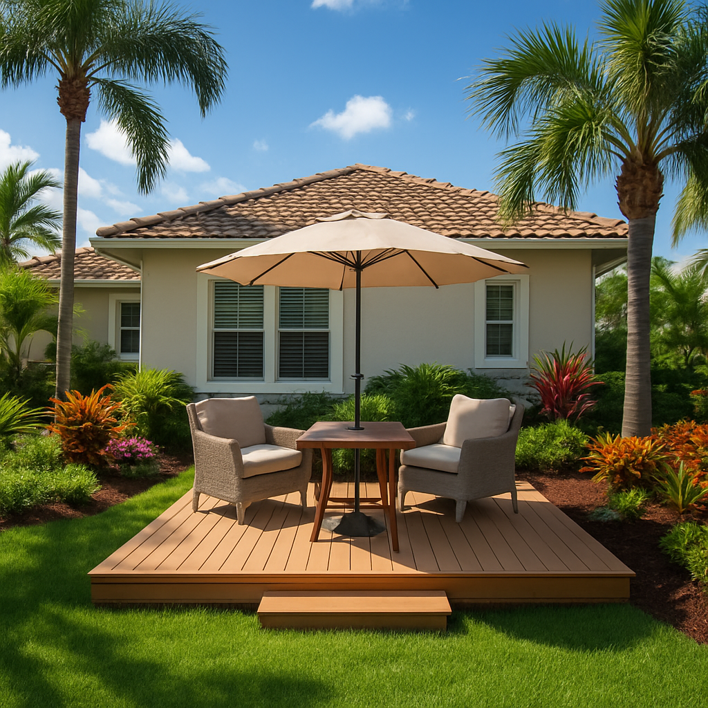 A nice small deck in the backyard of a beautifully landscaped house, lush green Florida lawn, palm trees, and colorful garden beds, bright sunny Sarasota day, no people, no branding or signage