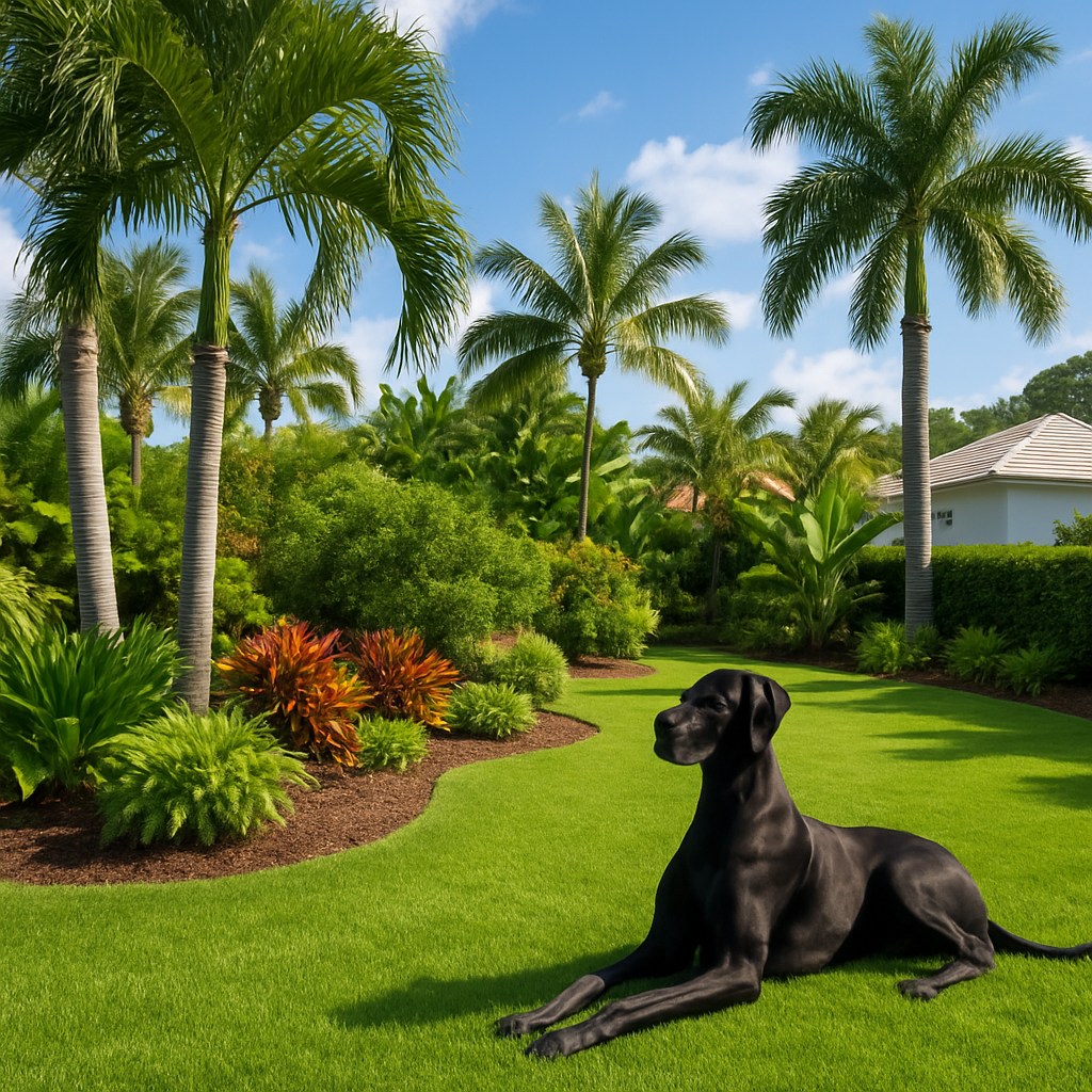 A nicely landscaped backyard in Sarasota, Florida, featuring a lush green lawn, tropical plants, palm trees, and a black Great Dane standing or lying in the yard. The focus is on the landscaping and yard; the dog is present but not the primary subject. The Great Dane looks natural and accurate, with a correct, non-smooshed nose, true to the breed's look, and is in the same position and context as before. Bright, sunny day, no people, no branding or signage.