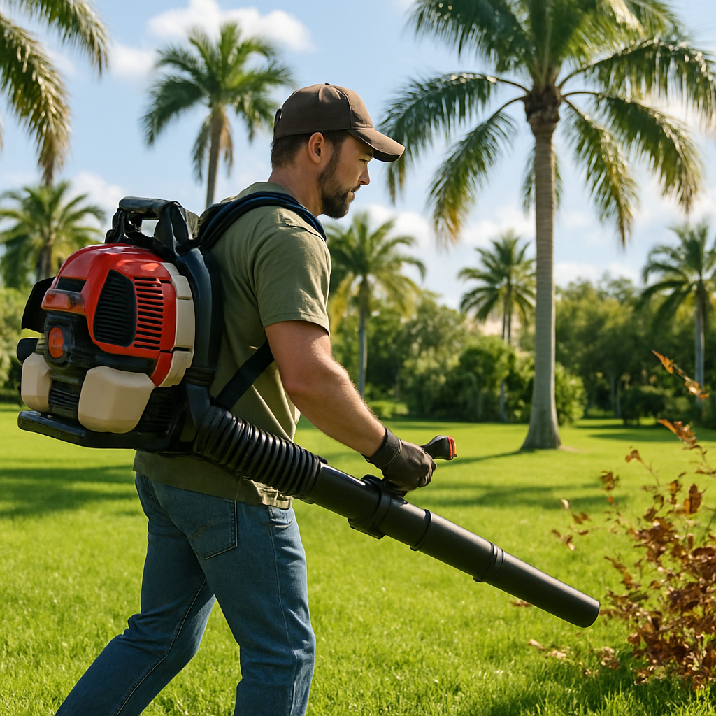 A man using a RedMax backpack blower to clear a Sarasota lawn, lush green grass, palm trees, bright sunny Florida day, realistic, no branding or signage