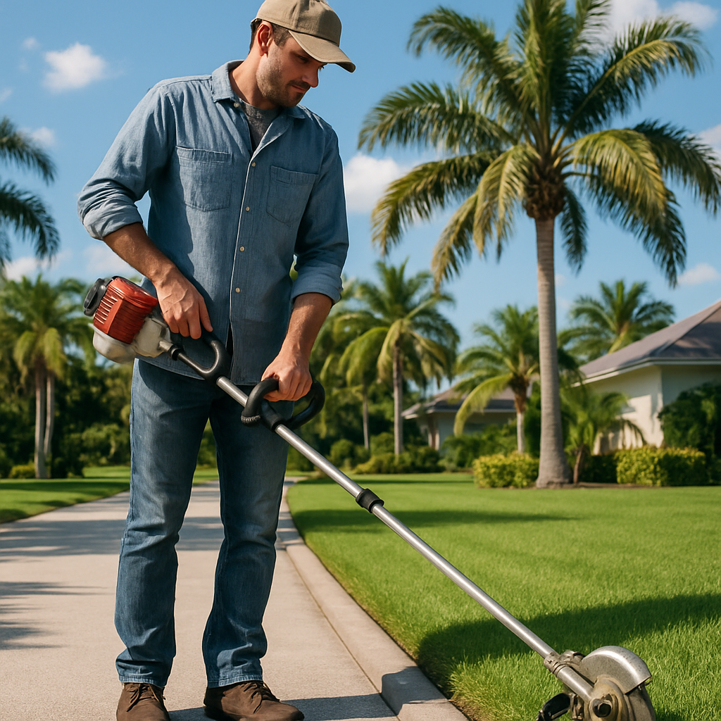 A man using a RedMax stick edger to trim the edge of a green Florida lawn, palm trees in the background, bright sunny Sarasota day, realistic, no branding or signage. The RedMax edger appears straight instead of curved.