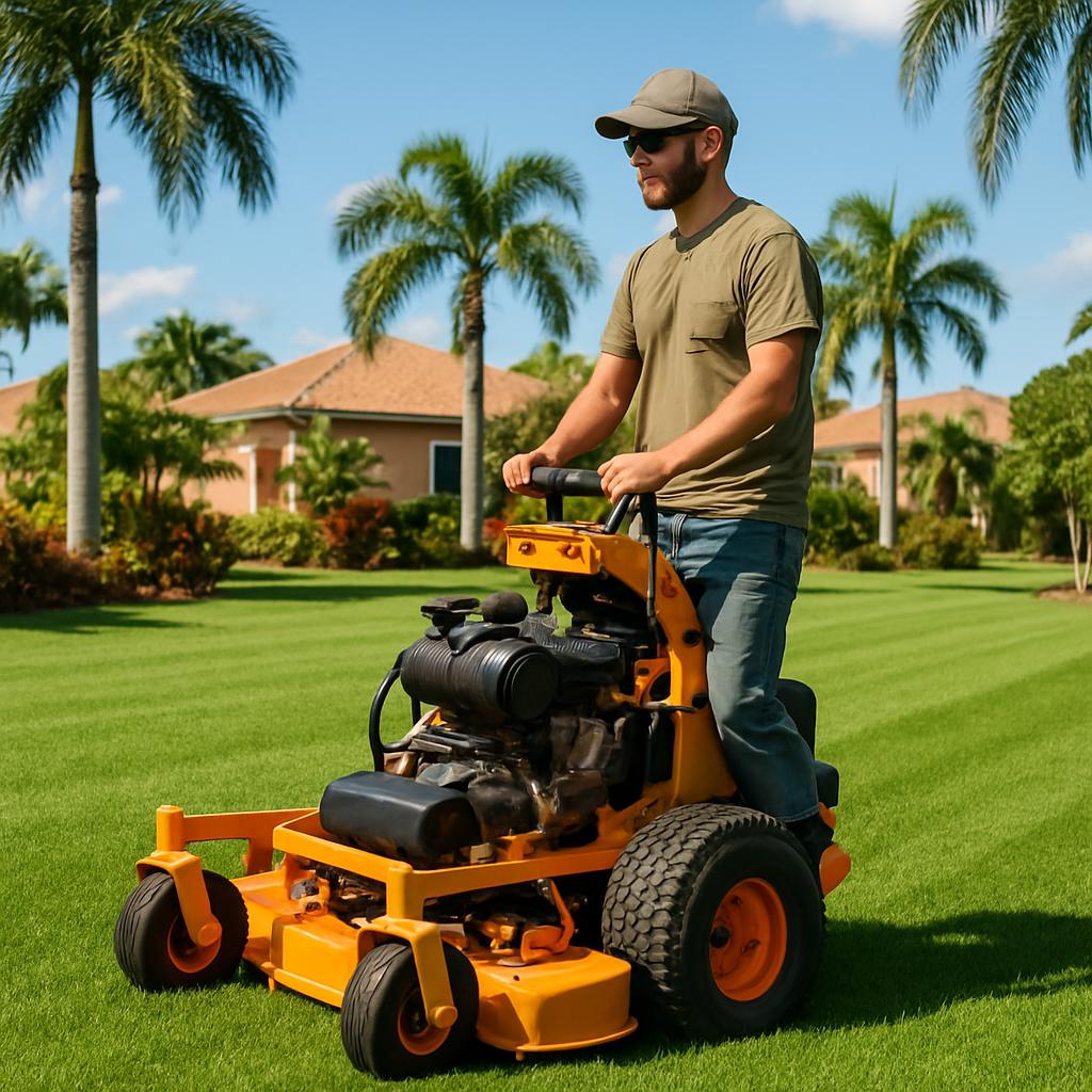 A man in Sarasota using a Scag V-Ride stand-on mower cutting a green Florida lawn, sunny day, no extra people, no text or branding