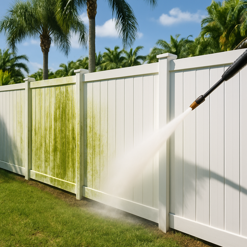 White vinyl privacy fence in a Florida yard being pressure washed to remove green mold, strong water spray, no people visible, no branding