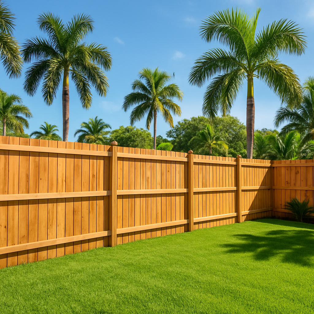 Beautiful, freshly installed or well-maintained wooden privacy fence in a Sarasota yard, lush green grass, palm trees and bright Florida sunlight, no people, no branding or signage