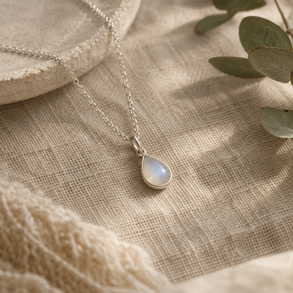 Fine silver pendant necklace arranged on natural woven fabric