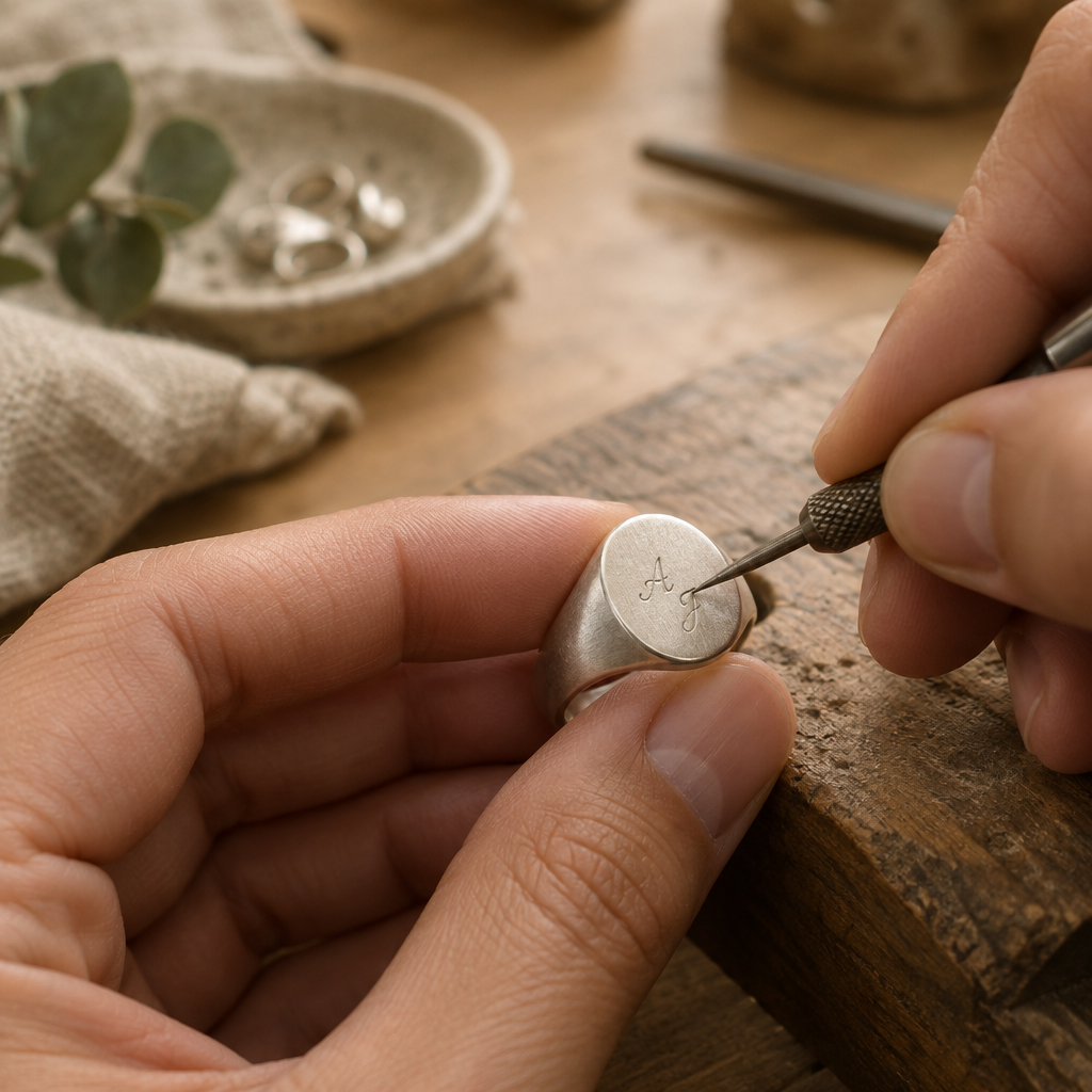 Silver signet ring being engraved with small personal initials