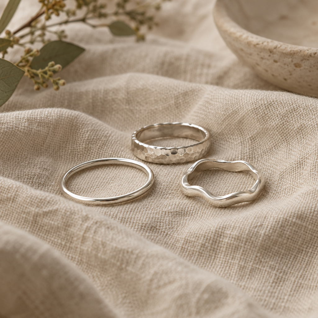 Handcrafted silver rings arranged on warm linen