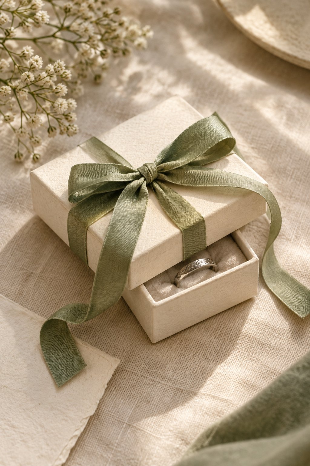 Warm ivory jewelry gift box tied with a soft sage ribbon on textured linen