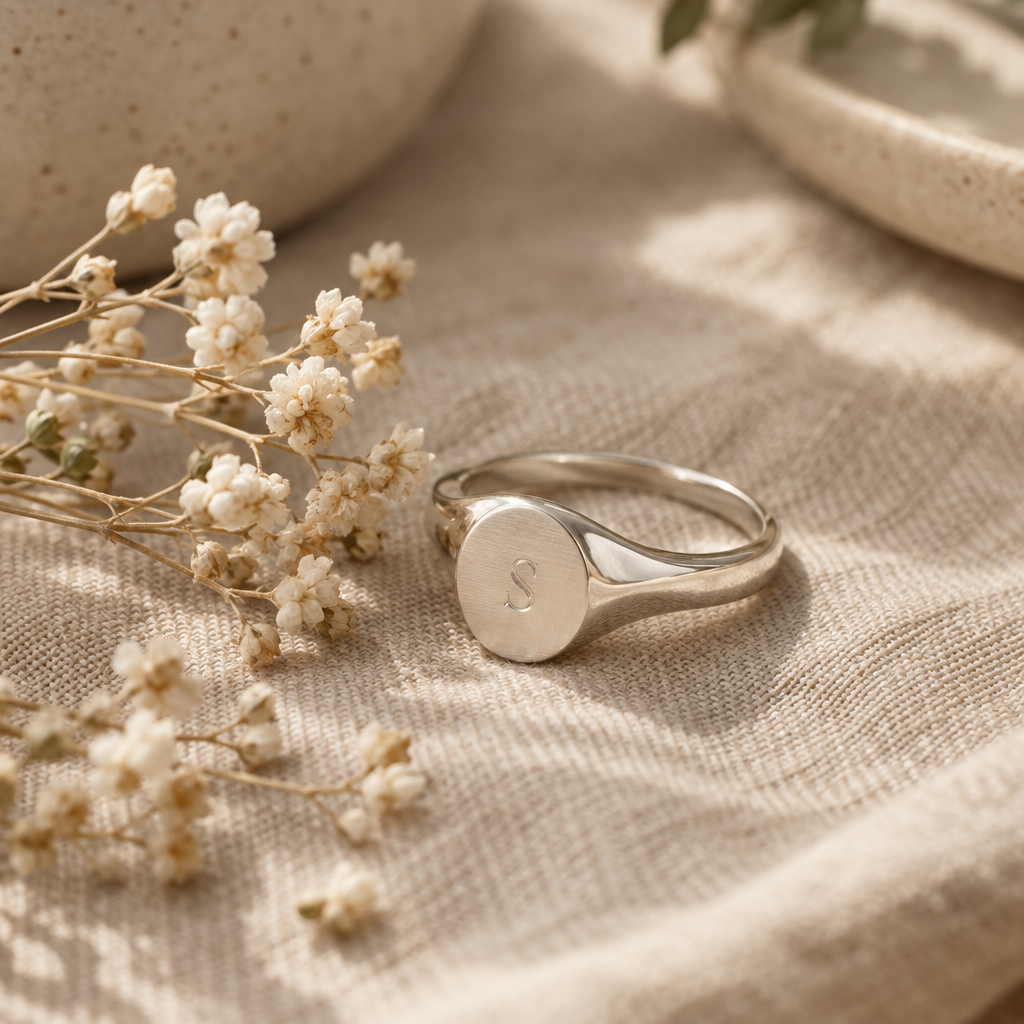 Personalized oval silver signet ring with a subtle engraved initial beside dried flowers