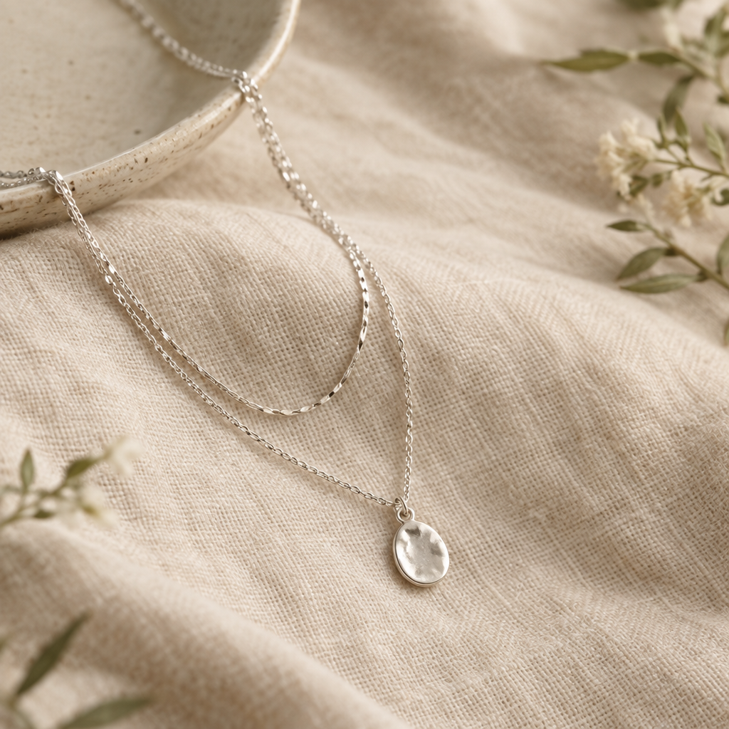 Delicate silver pendant necklace layered on softly textured cream fabric