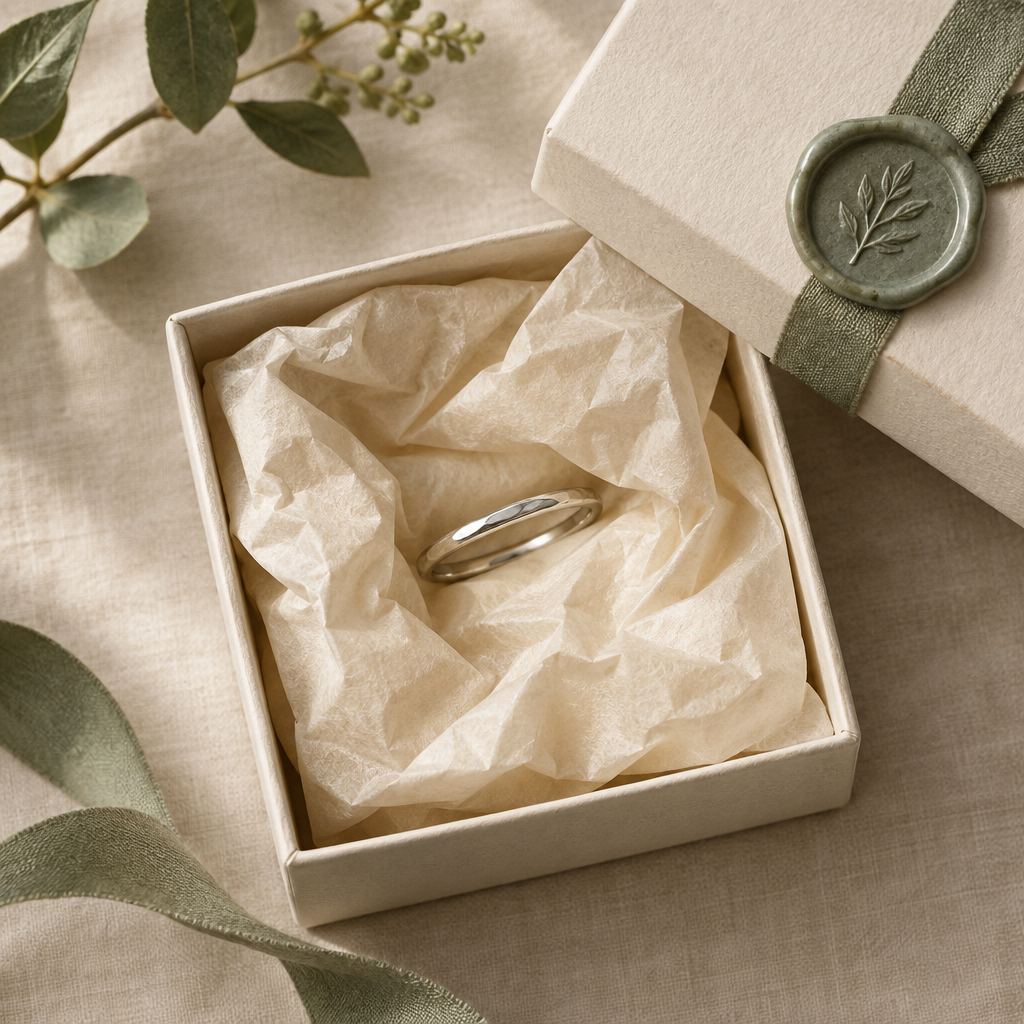 Delicate silver ring wrapped in warm tissue paper with a sage wax seal