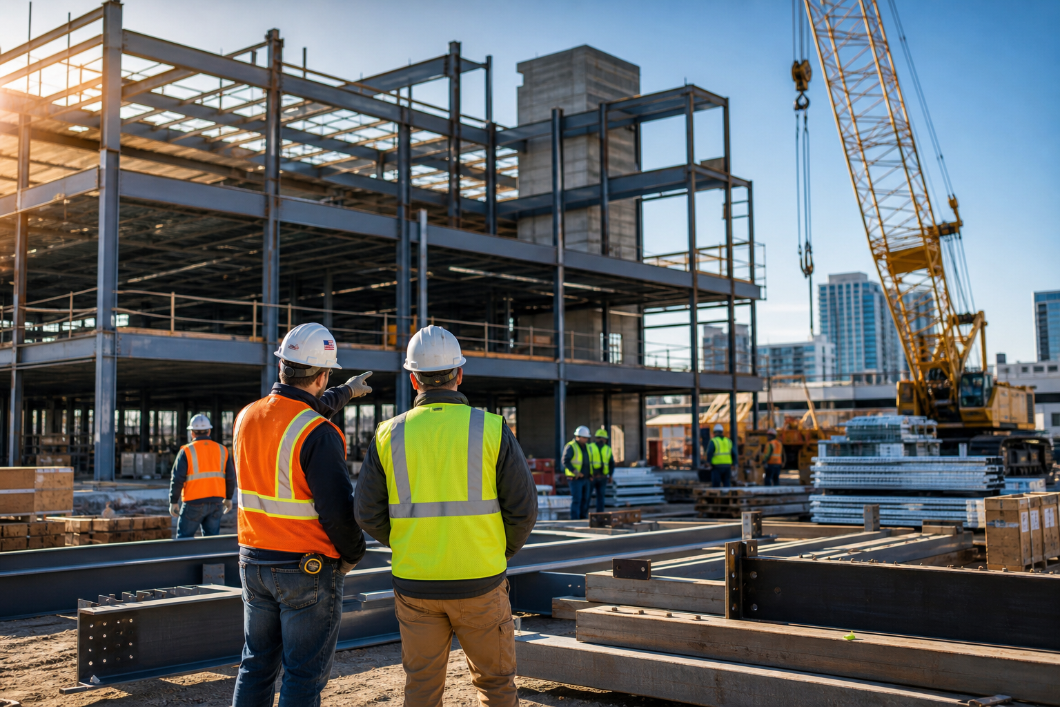 Active construction site with steel beams, cranes, and workers wearing safety gear