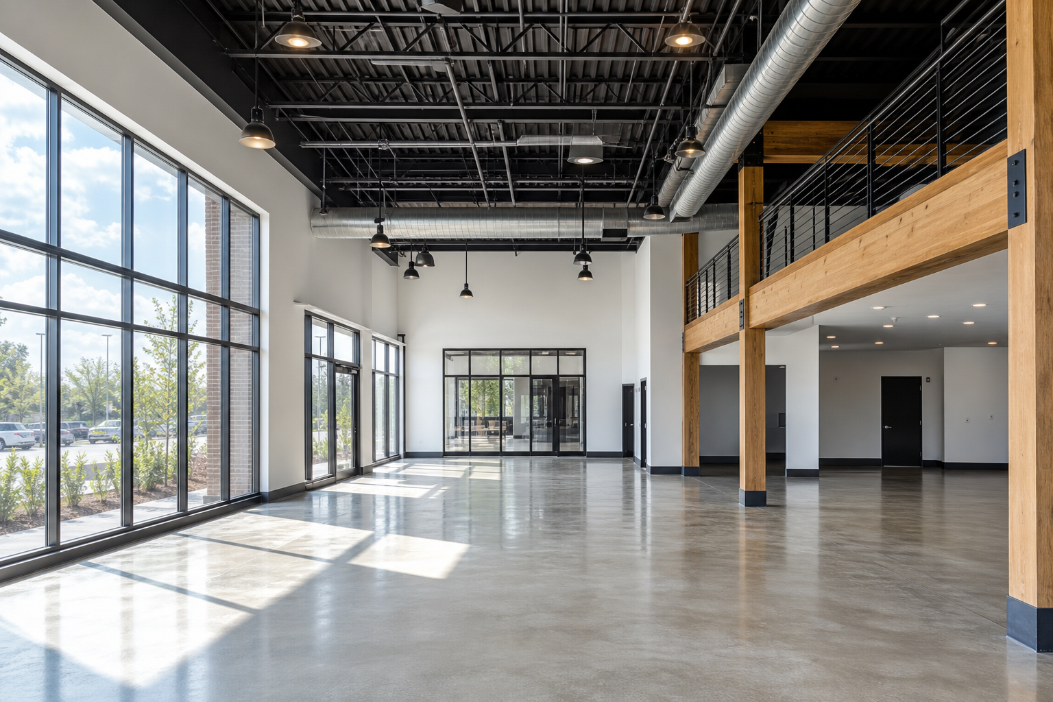 Bright finished commercial interior with polished concrete floors and exposed beams