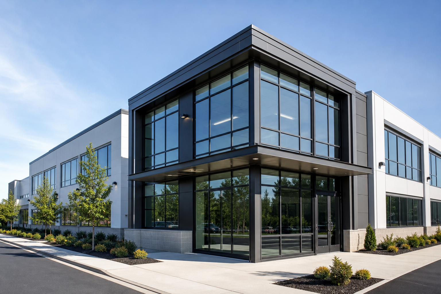 Modern commercial building exterior with clean glass facade and steel framing on a clear day