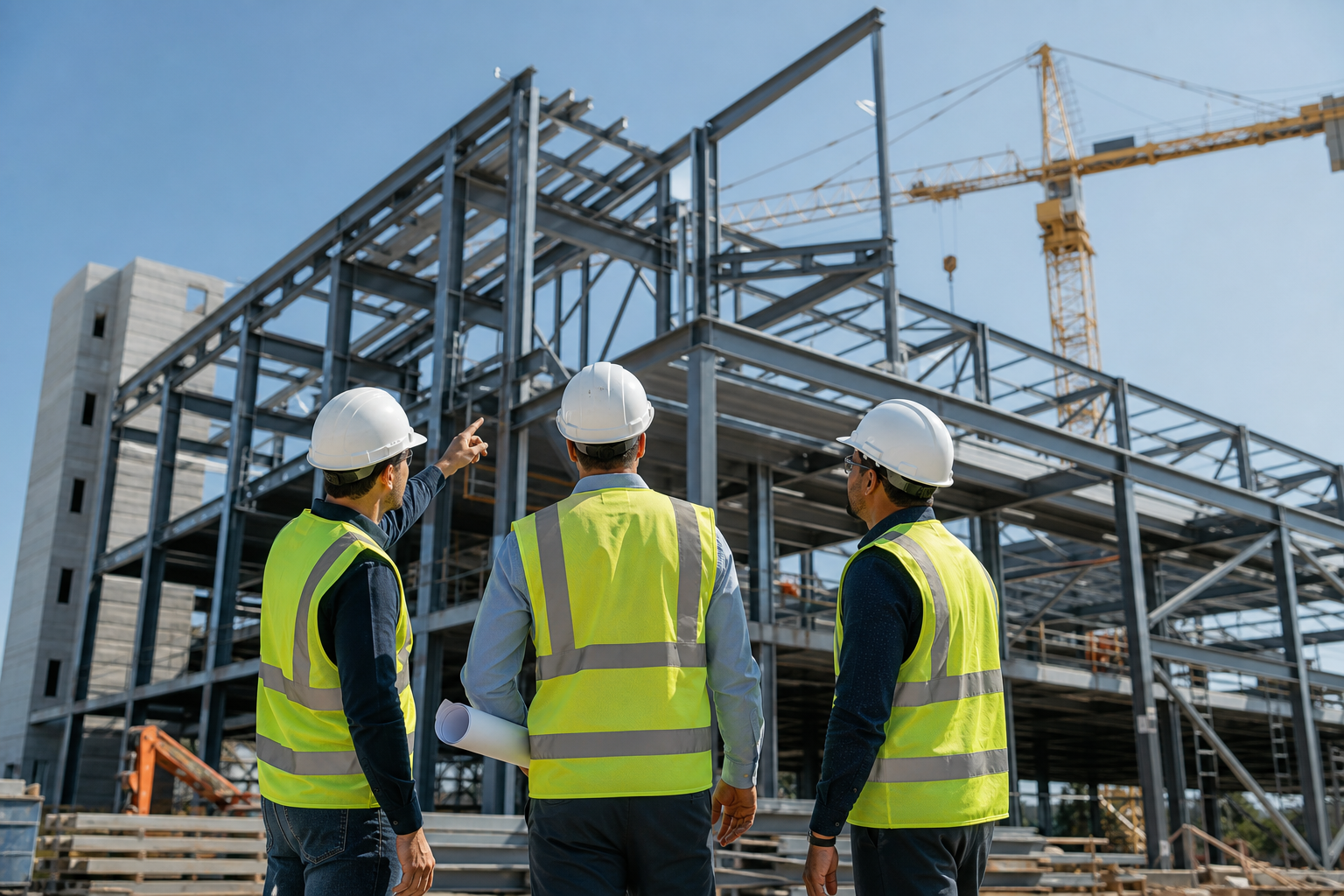 Professional construction crew inspecting a modern commercial building frame with safety gear, steel beams, and cranes in the background