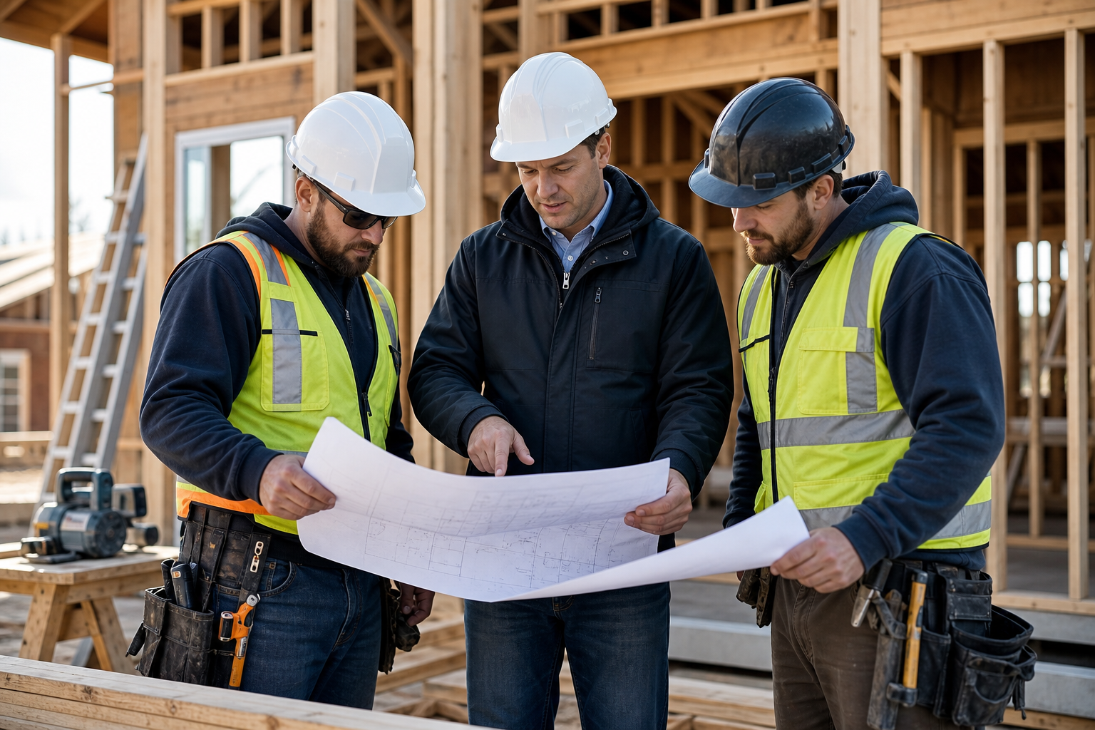 Project manager and construction crew reviewing plans on a residential build site
