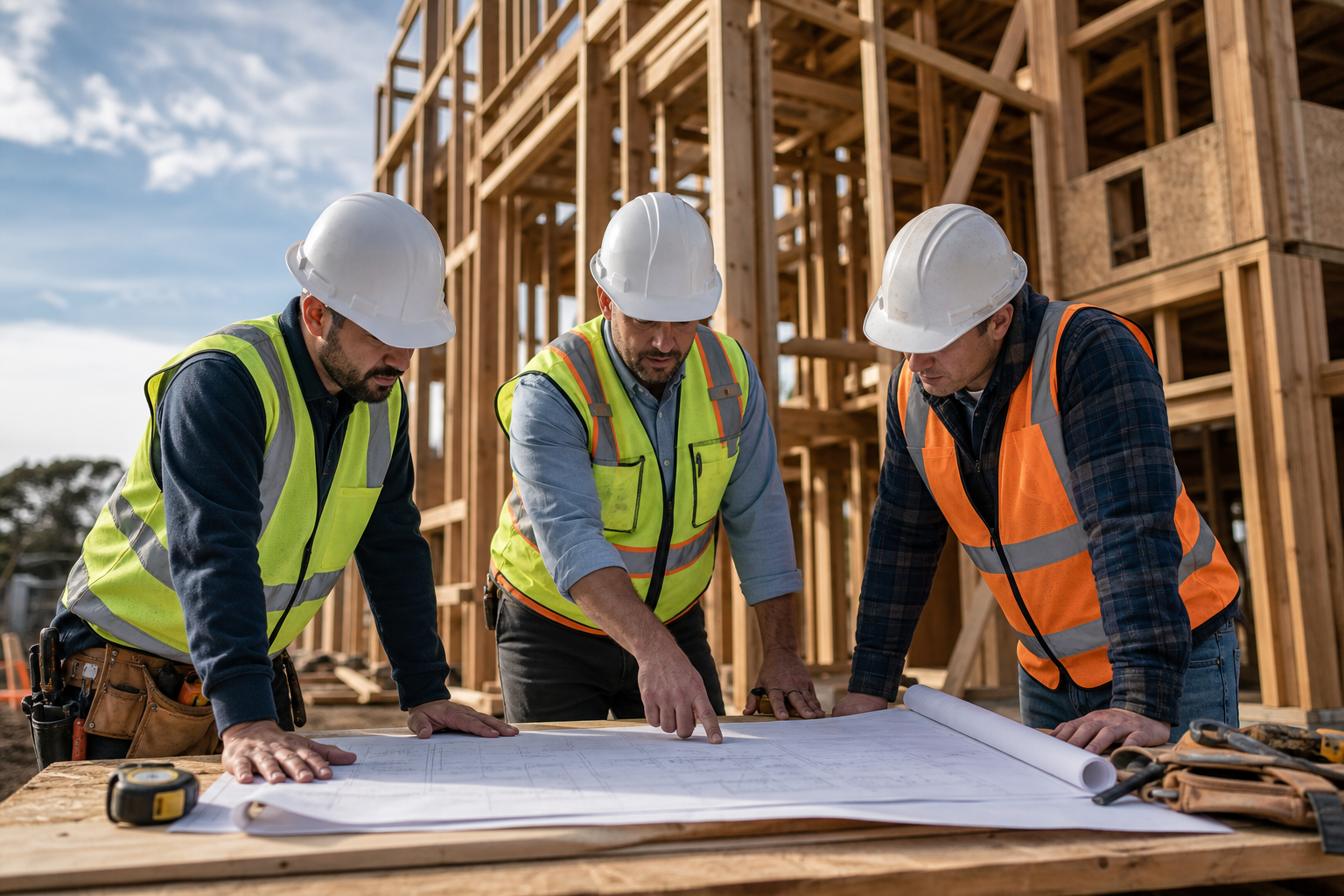 Construction crew in hard hats reviewing plans beside partially framed structure