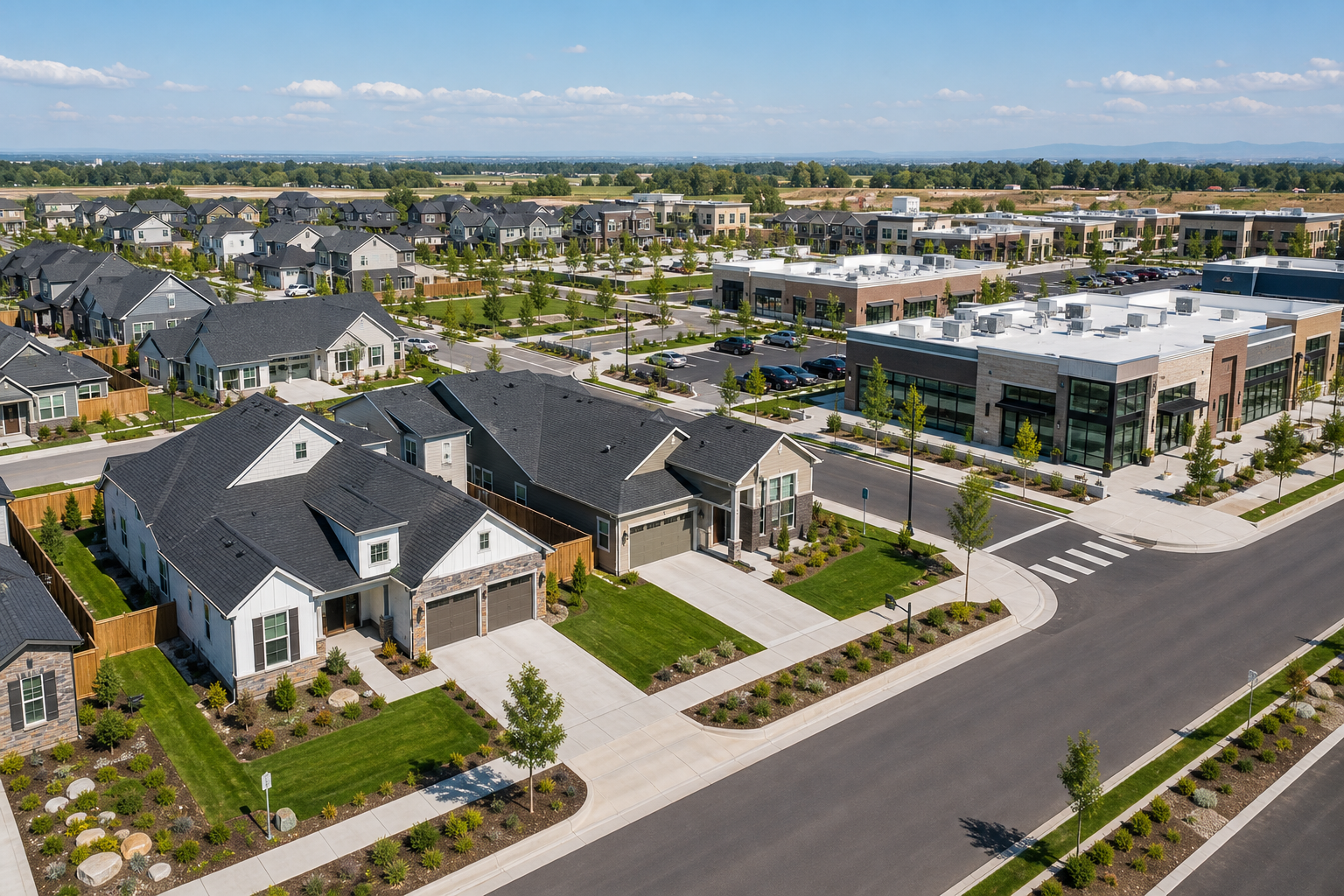 Aerial view of newly built homes and commercial buildings in a developed neighborhood