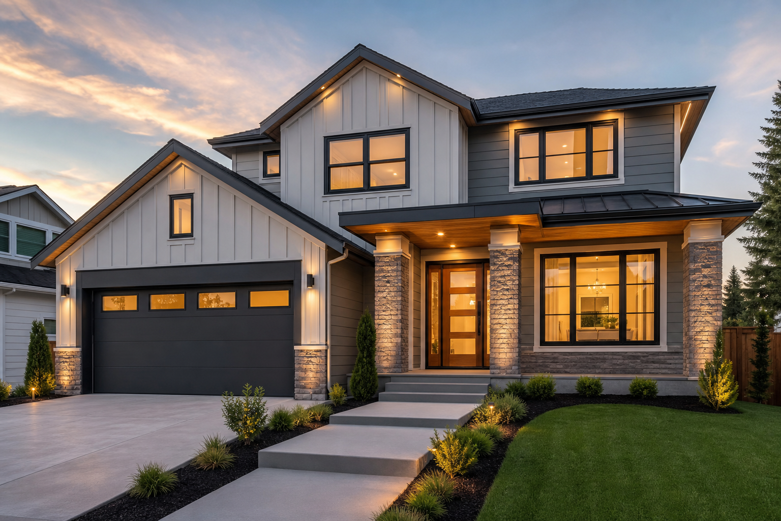 Finished modern family home with warm exterior lighting and landscaped entry