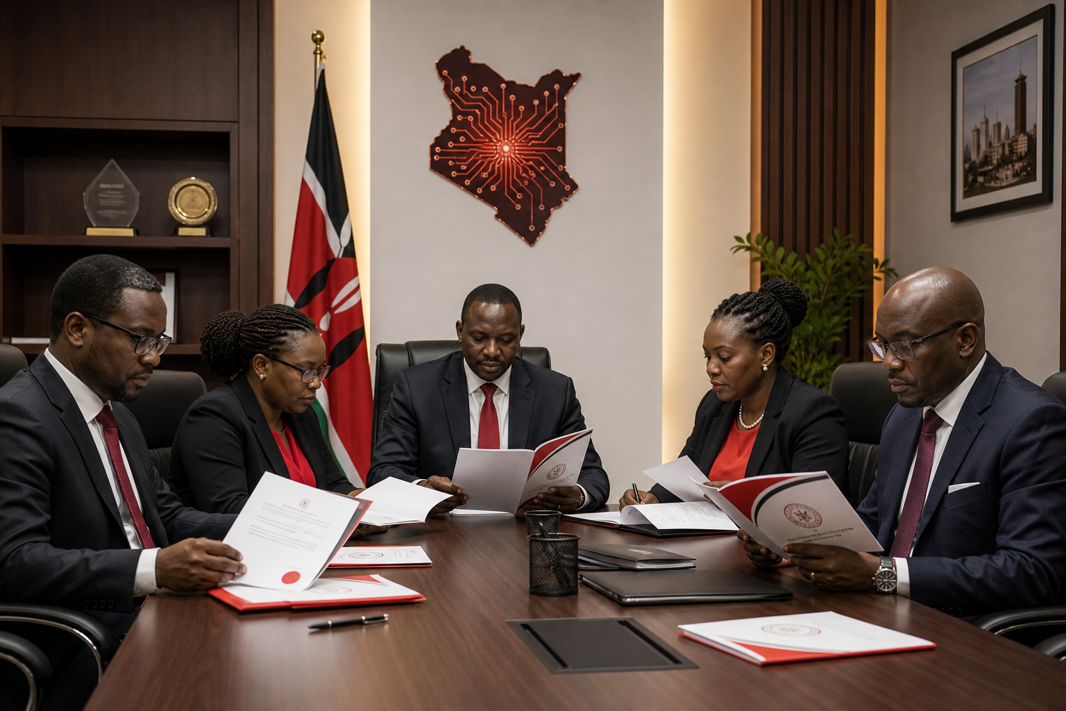 Formal meeting chamber with Kenyan IT leaders reviewing certification documents