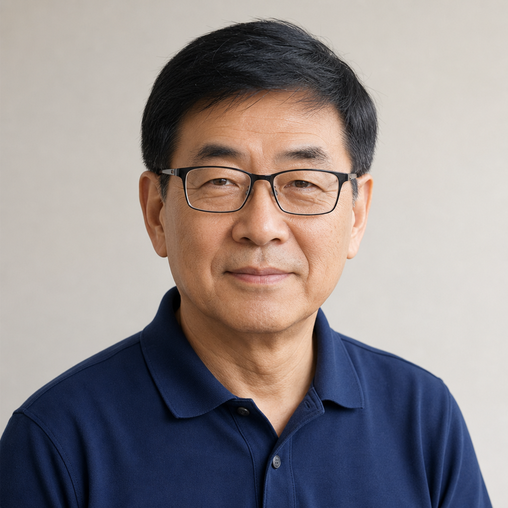 Older man with short black hair and rectangular glasses wearing a navy polo