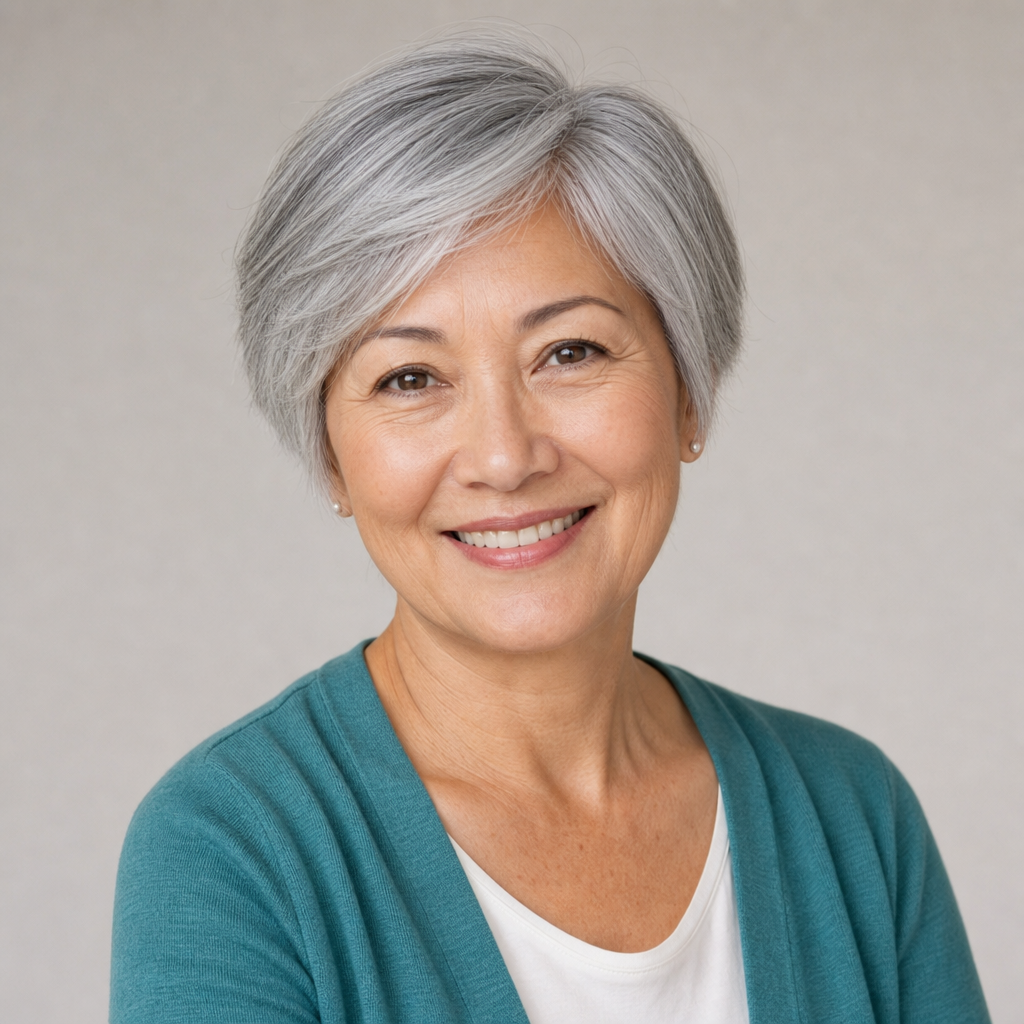 Middle-aged woman with short silver hair wearing a teal cardigan