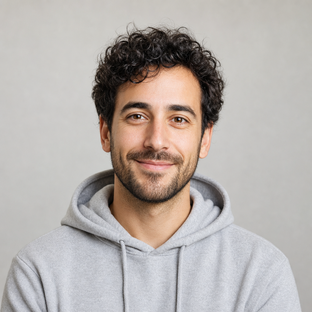 Man in his thirties with curly dark hair wearing a light gray hoodie
