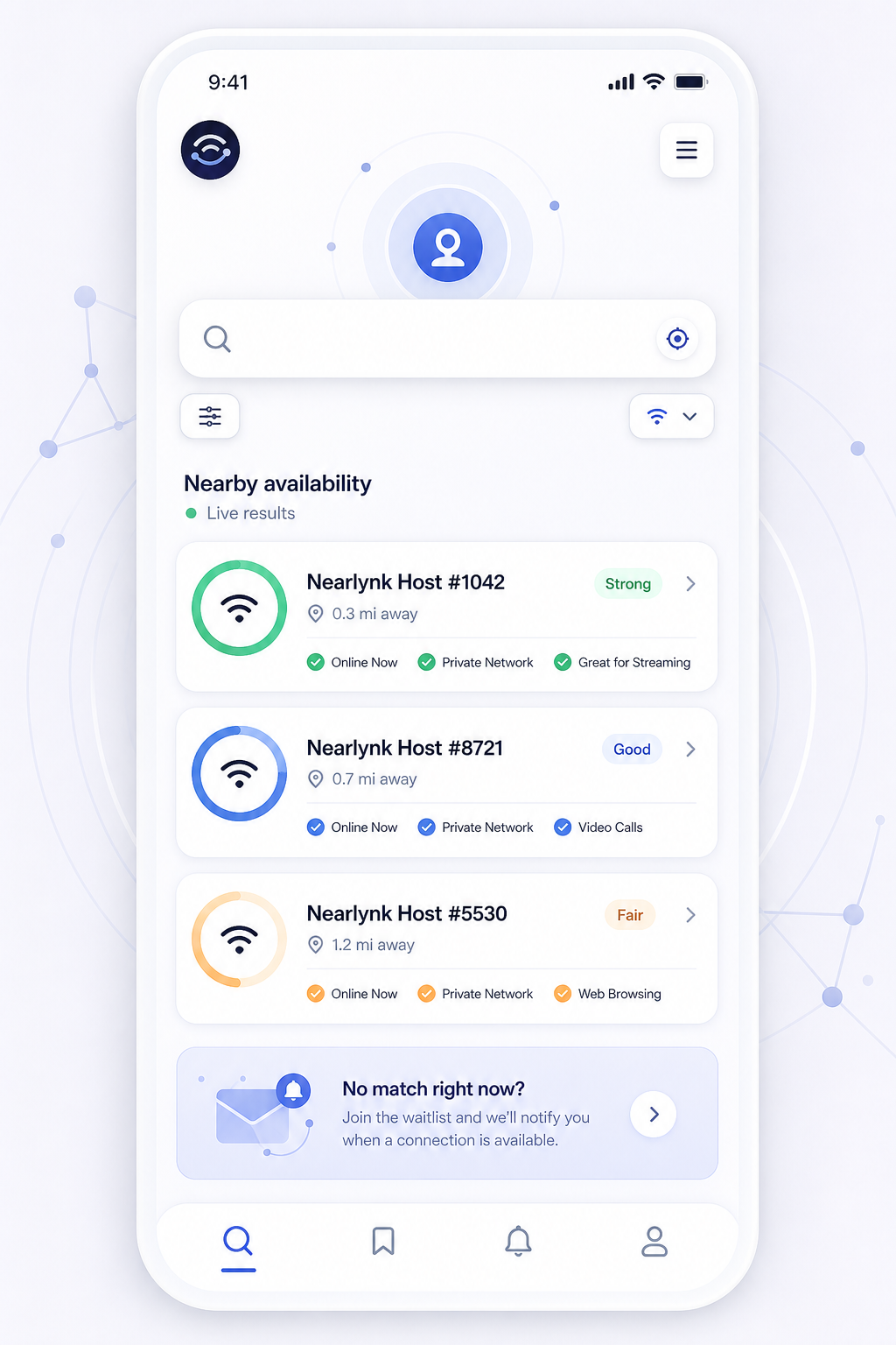 Mobile-first nearby availability search interface with anonymous host cards, clean results list, and soft signal circles