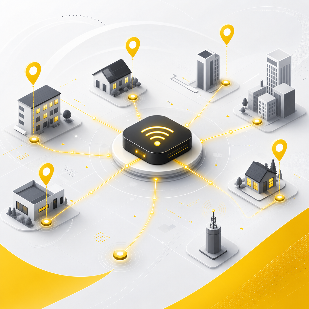 Clean startup-style city building cluster with connected network nodes, nearby signal rings, and subtle dashboard indicators for availability and proximity