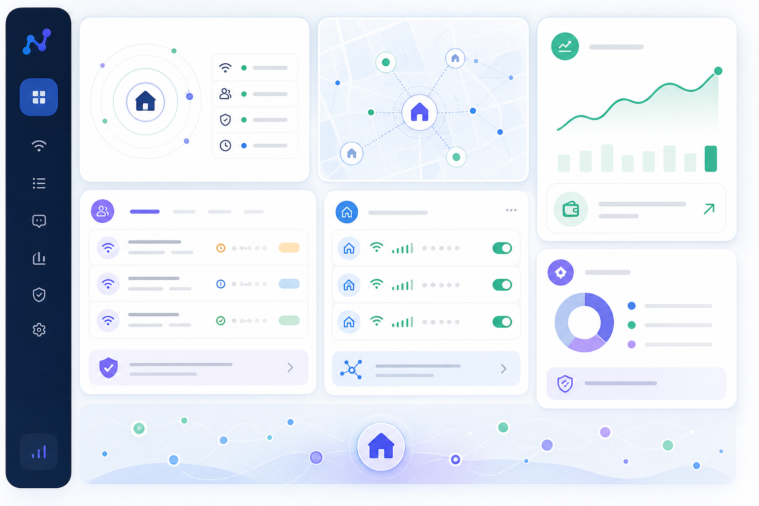 Abstract host dashboard with connection nodes and monthly earnings indicators