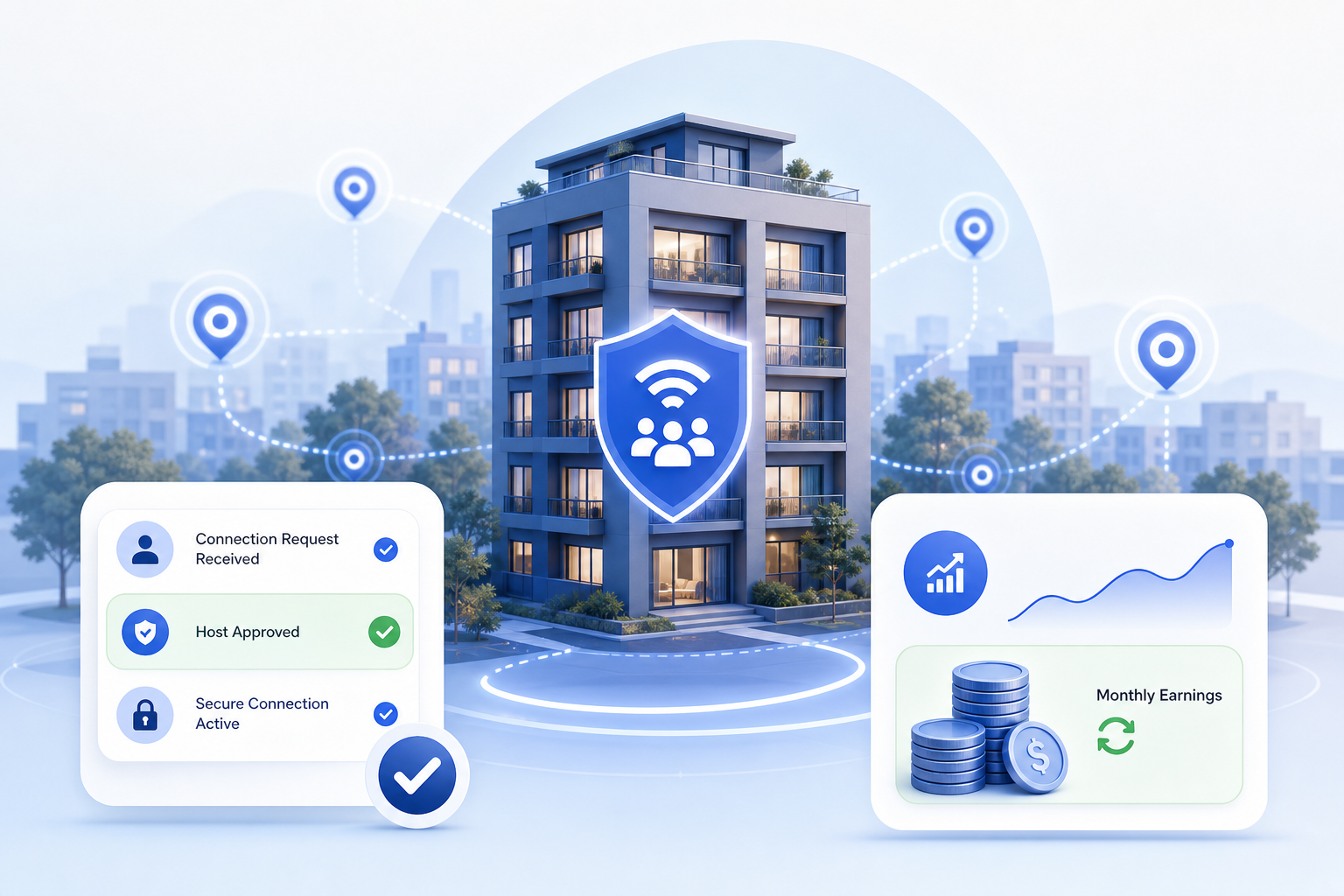 Polished consumer-tech illustration showing a city building, connected signal nodes, a guest network icon, and compact earnings dashboard cards representing a privacy-conscious host opportunity