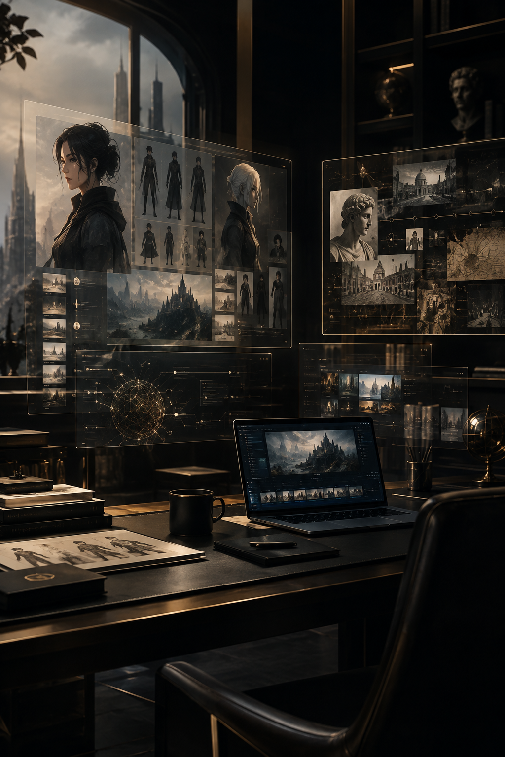 Cinematic dark editorial composition with AI-driven media workspace, character concept silhouettes, archival screens, and premium publishing atmosphere