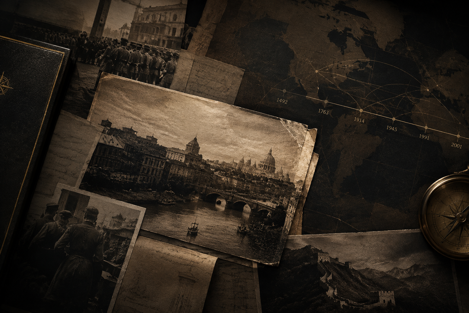 Editorial history project cover showing archival textures, timeline markers, and warm documentary lighting