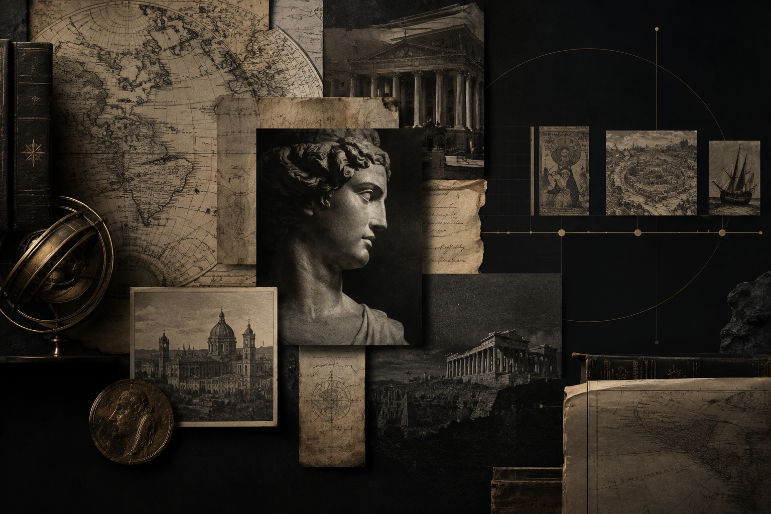 Structured historical visual collage with archival textures, maps, and timeline geometry in an intelligent editorial style