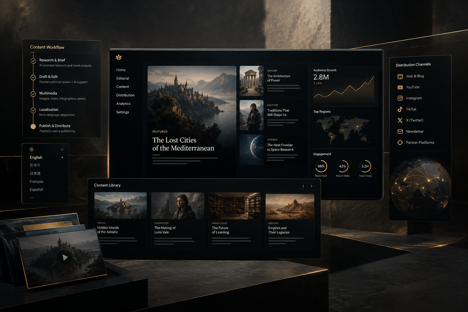 System-focused media cover with modular publishing dashboards, multilingual layouts, and clean dark interface panels