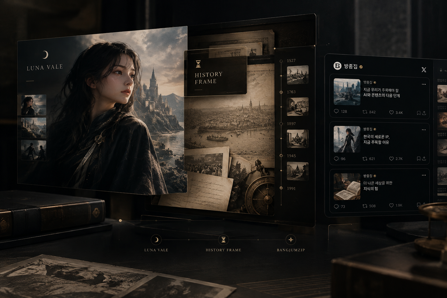 Refined cinematic editorial montage unifying the three flagship properties: Luna Vale character-world portraiture, History Frame archival timeline storytelling, and Bangjumzip-on-X card-news interface panels within one cohesive premium media ecosystem